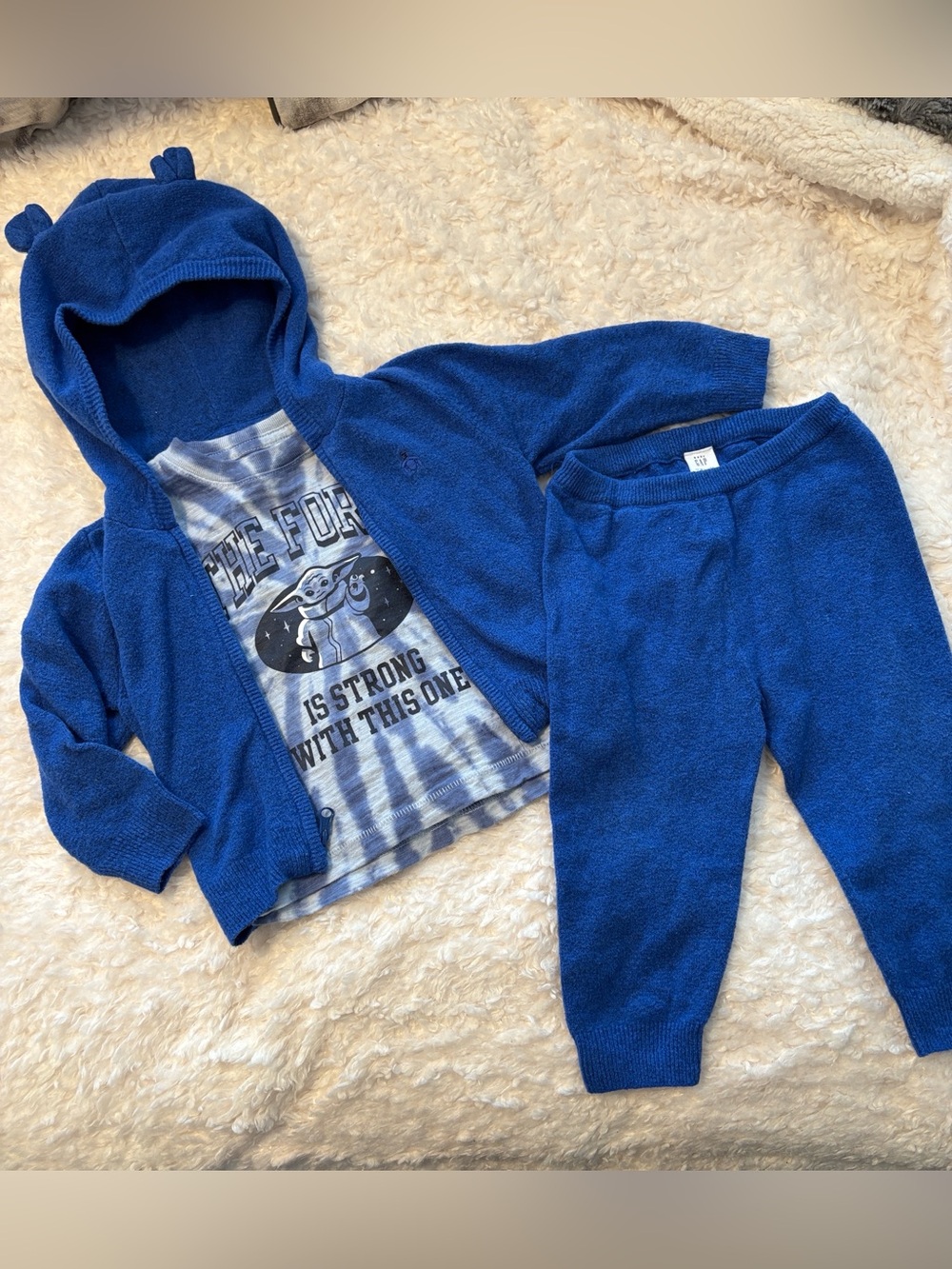 Gap Kids Fuzzy Blue Sweater Full Zip Pants Set with Tie Dye Yoda LS Top 12-18M
